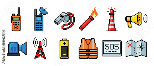 Pixel art emergency and safety icon set featuring a walkie-talkie, flare, safety vest, and lighthouse in a retro 8-bit video game style, isolated on a white background