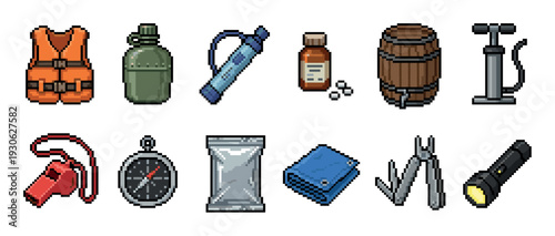 Pixel art survival kit equipment icons set including a life vest, compass, flashlight, and water filter for a retro 8-bit video game, isolated on a white background