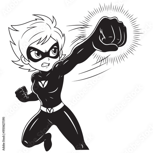 Dynamic Monochrome Female Superhero Delivering a Powerful Punch
