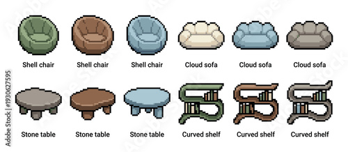 Pixel art furniture set with chairs, sofas, tables, and shelves in various color palettes for a retro video game asset pack, isolated on a white background