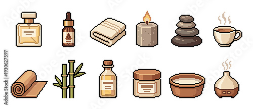Pixel art spa and wellness icon set featuring an aromatherapy diffuser, bamboo, hot stones, and cosmetic products for a retro game aesthetic on a white background