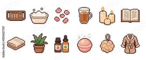 Pixel art icons set for spa and relaxation featuring a bathrobe, candles, book, and bath bomb in a cozy, retro 8-bit style, isolated on a white background