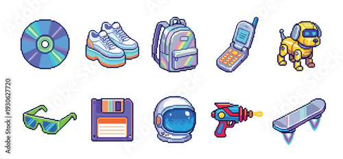 Collection of colorful pixel art icons featuring retro-futuristic objects like a CD, flip phone, and hoverboard, representing Y2K nostalgia and 8-bit video game aesthetics isolated on white