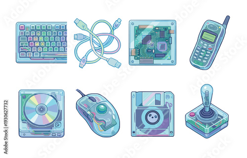 Set of retro computer hardware illustrations including a keyboard, mouse, joystick, floppy disk, and mobile phone in a transparent Y2K style, isolated on a white background