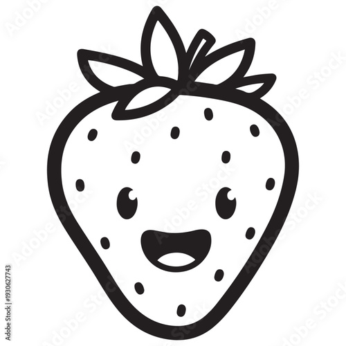 Happy Kawaii Strawberry Black and White Illustration