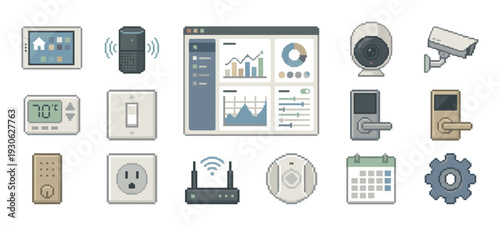 Collection of smart home technology icons in a retro 8-bit pixel art style, including a camera, thermostat, speaker, lock, and control dashboard, isolated on a white background