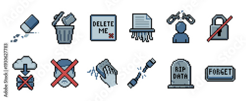 Set of pixel art icons representing data deletion, erasure, and forgetting, featuring a trash can, shredder, and gravestone in a retro 8-bit computer graphic style isolated on white