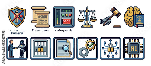 Collection of pixel art AI ethics icons representing law, safety, regulation, and governance, created in a retro 8-bit video game style and isolated on a white background