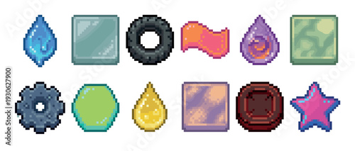 Pixel art game icons and assets set including drops, coins, gears, and stars, designed in a classic 8-bit retro video game style, isolated on a white background
