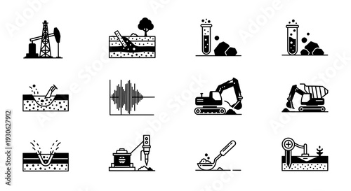 Mining icon set with oil rig excavator and industrial machinery
