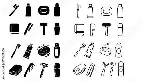 Personal hygiene icon set with toothbrush toothpaste soap and razor
