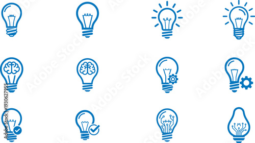 Light bulb and creative idea icon set for innovation, brain energy, and solution symbols