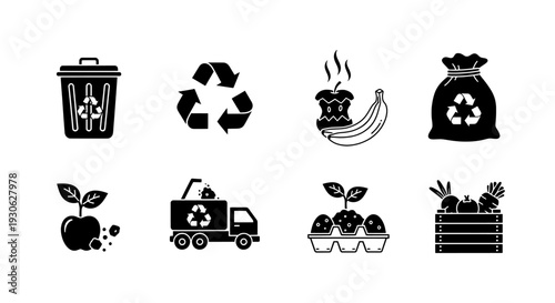 Recycle and waste management icon set with trash can earth and compost
