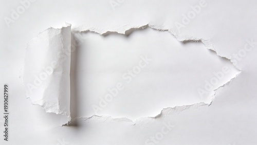 features a piece of torn white paper against a plain white background. The paper has an irregular, jagged edge, suggesting it was ripped by hand. The texture of the paper is slightly rough, with visib