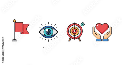 A set of colorful vector icons representing goals, focus, and care