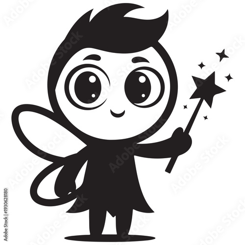Cute Black and White Cartoon Fairy Holding Magic Star Wand with Sparkles