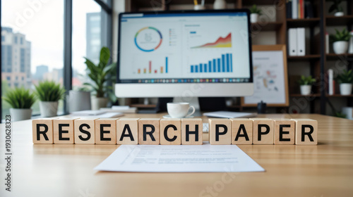 Research paper on academic study with data analysis for journal submission, showing scientific writing workflow with literature review, methodology, citations and peer review for publication