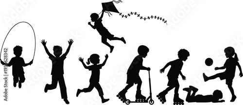 Set of children playing silhouettes including jumping rope, flying kite, scooting, skating, and playing football for active childhood vector designs,