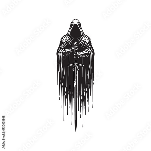 Black silhouette of a hooded warrior holding a sword, dark fantasy grim reaper vector illustration
