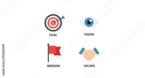 A vector graphic illustration of business concepts including goal, vision, mission, and values