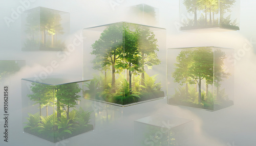 Digital background, Lush trees thrive within transparent cubes suspended amidst a misty atmosphere, symbolizing the delicate balance of nature and environmental protection.
