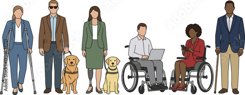 Inclusive diverse people with disabilities illustration featuring wheelchair users, prosthetic limb, crutches, service dogs, accessibility awareness and independent living concept