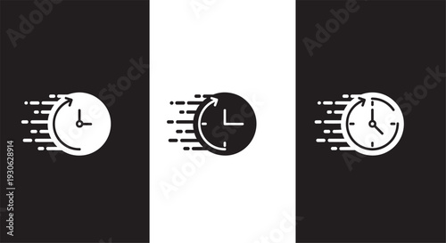 Set of fast delivery clock icons with speed lines in black and white for time management, shipping, and deadline designs,