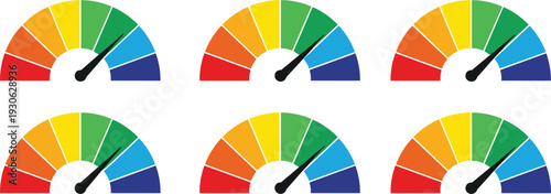 Set of colorful speedometer gauge icons with needles indicating performance levels for credit score, risk assessment, and dashboard vector designs,