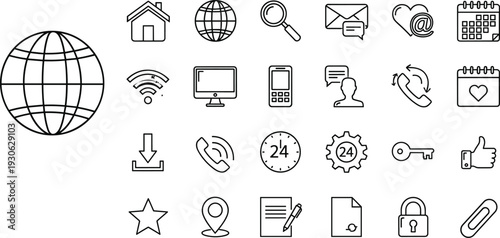 Set of line icons for web and business, including globe, home, communication, calendar, location, security, technology, and customer support,