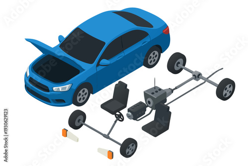 A blue car with its chassis and parts disassembled and displayed