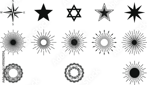 Starburst sun rays and decorative compass symbols vector set, vintage celestial emblems collection in black and white