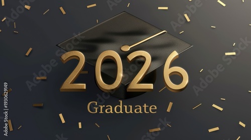 Gold 2026 graduate text with a graduation cap on a dark background. Confetti scattered around the scene, symbolizing celebration and achievement.