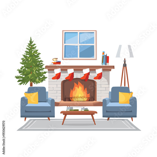 Cozy living room with fireplace christmas tree and seating