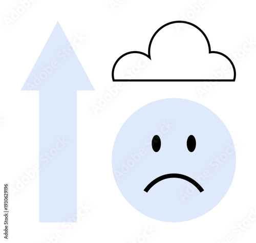 Cloud computing. A minimalist design showing a sad face under a cloud with an upward arrow cloud data and storage. Cloud computing applications, emotions in technology, digital storage services