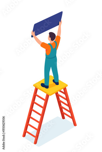 A worker in overalls standing on a ladder holding a large sheet