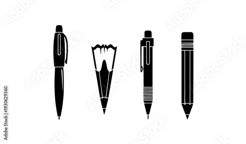 Pen and Pencil Silhouette Icon Set for Writing Education and Office Design Vector Illustration