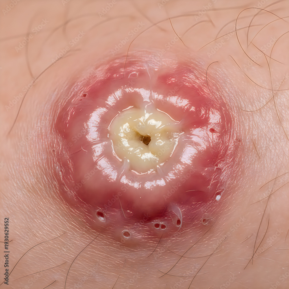 Fototapeta premium Close-up view of a suspicious skin lesion with irregular borders and central ulceration