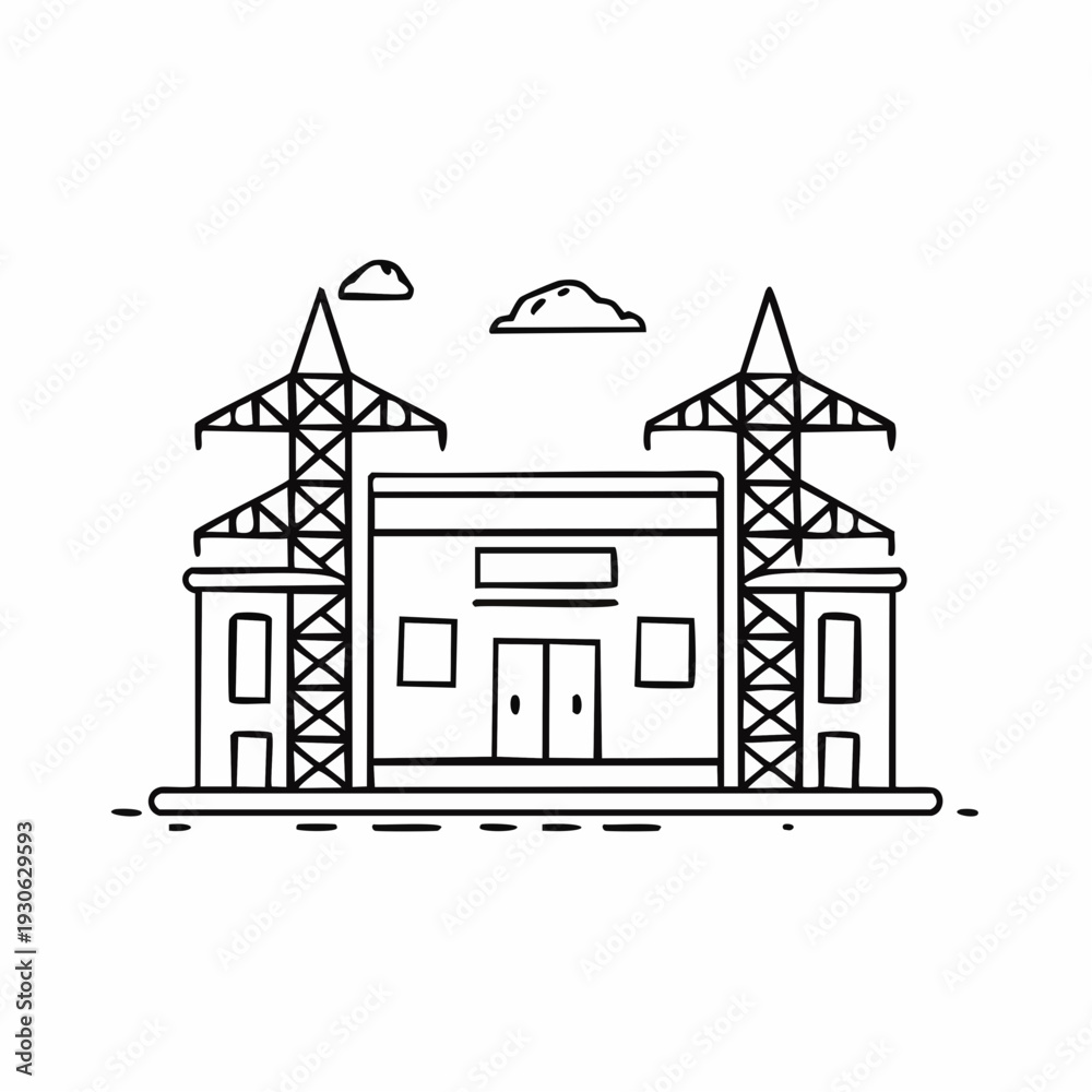Fototapeta premium Simple line drawing of a building with towers and clouds.