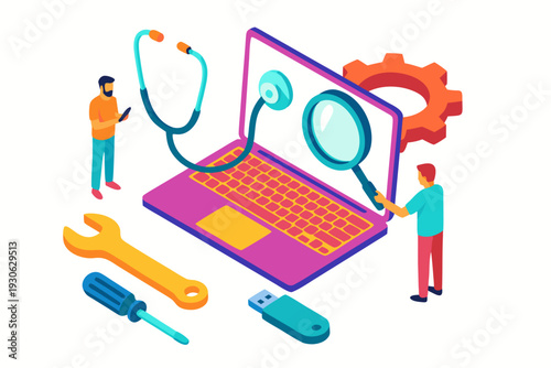 A colorful vector illustration of people working on a laptop with medical and technical tools