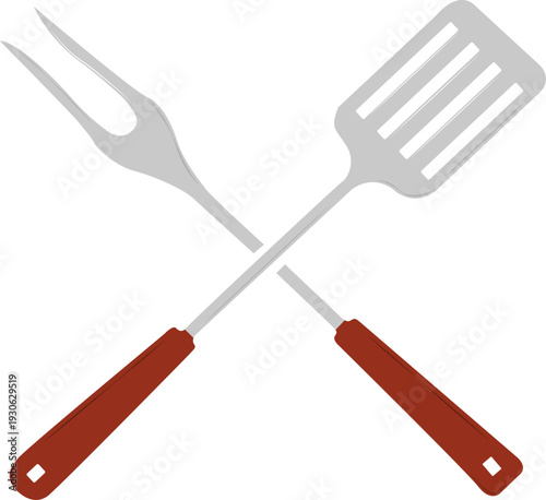Grill spatula and fork. Tools for convenient and safe cooking over an open fire or grill. Picnics and barbecues.