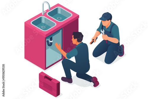 Two plumbers repairing a pink double sink with tools and equipment