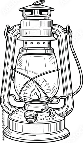Vintage kerosene lantern vector illustration, antique oil lamp camping light engraved line art isolated on white background