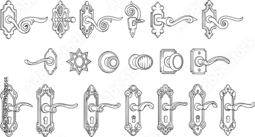 Vintage ornate door handles and knobs collection, detailed antique line art vector set isolated on background