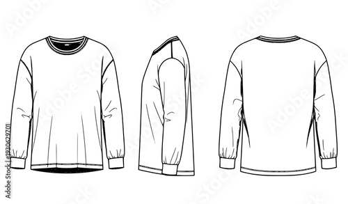 Men Relaxed Fit Long Sleeve Blank Shirt Flat Sketch Technical CAD Mockup