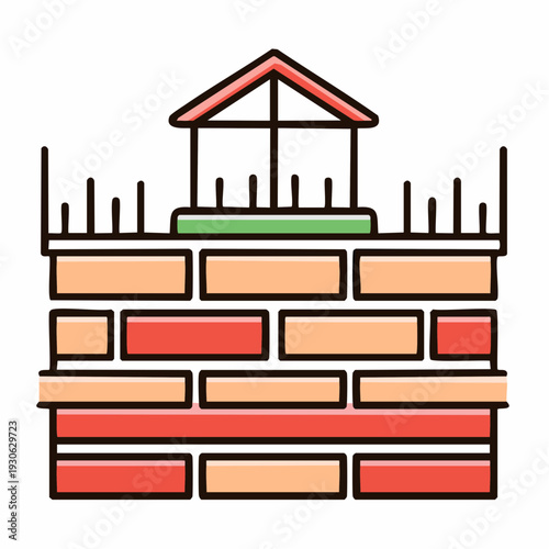 Colorful brick wall with sentry box on top.