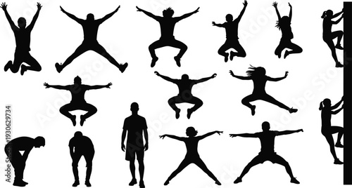 Set of people jumping and climbing black silhouettes for extreme sports, parkour, active lifestyle, fitness, success, and outdoor adventure designs,