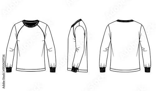 Blank Men Long Sleeve Shirt Template Front Side Back View CAD Vector