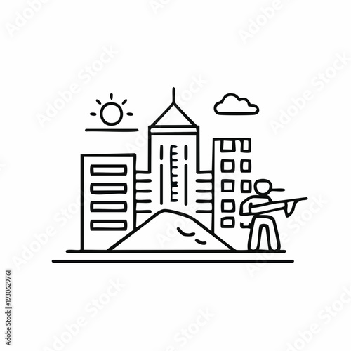 Simple line art illustration of a cityscape with buildings and a person.