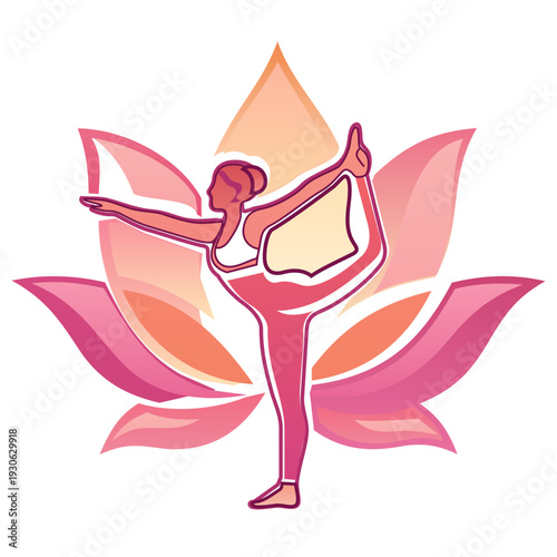 Woman in Lord of the Dance Pose with Pink Lotus - Graceful Yoga Vector Art. A vibrant and graceful vector illustration of a female character in the Dancer Pose (Natarajasana) 
