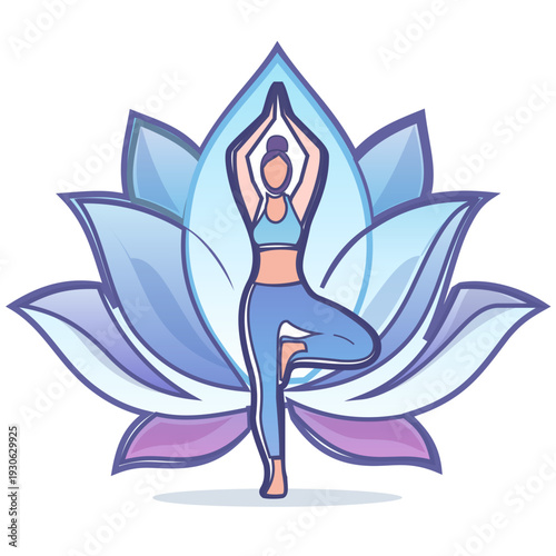 Yoga Woman in Tree Pose with Blue Lotus Flower Background - Wellness Vector Illustration. A stylish vector illustration of a woman performing the Tree Pose (Vrikshasana) in front of a large, artistic 